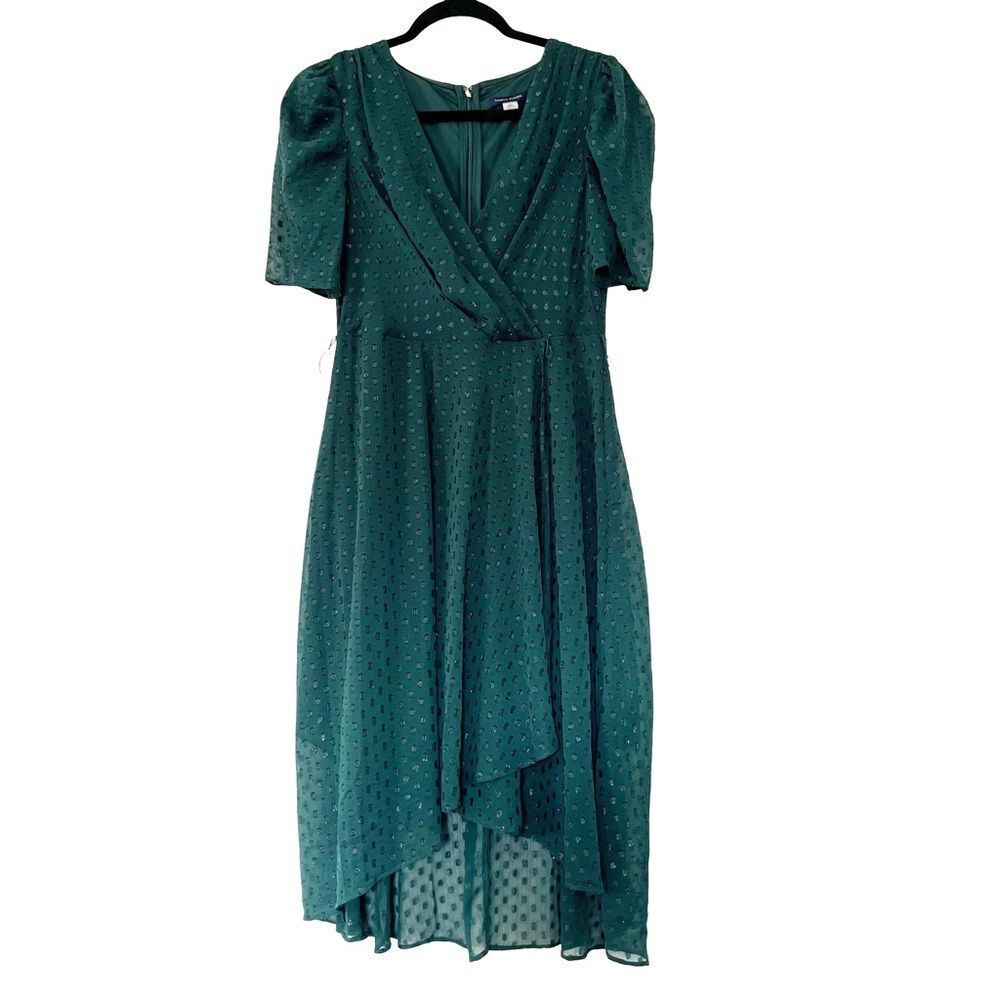 Tommy Hilfiger Emerald Green Faux Wrap Midi Dress Puff Sleeve Glitter Dot - Picture 2 of 16
